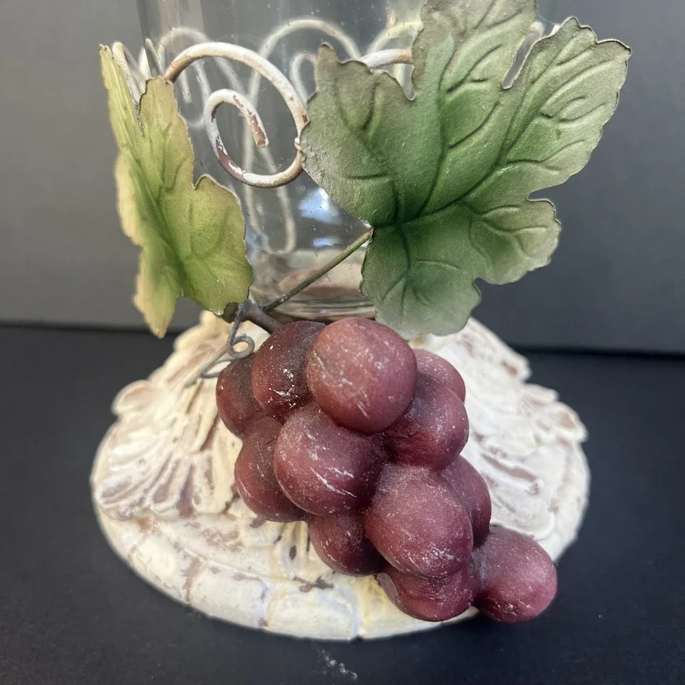 VTG Grapes Hurricane Taper Candle Holder Glass Chimney Resin Metal 10.25